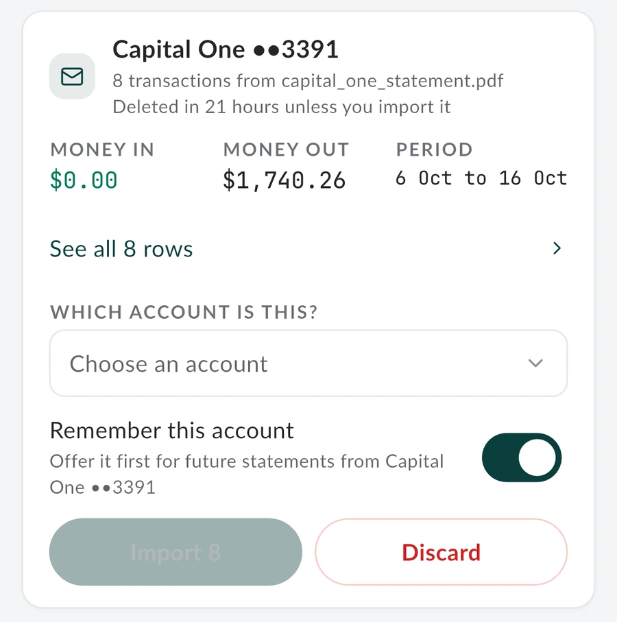 A card statement forwarded by email, waiting in MintValt: 8 transactions, $1,740.26 out, deleted in 21 hours unless imported, with a choice of account and an option to remember it for the next statement.
