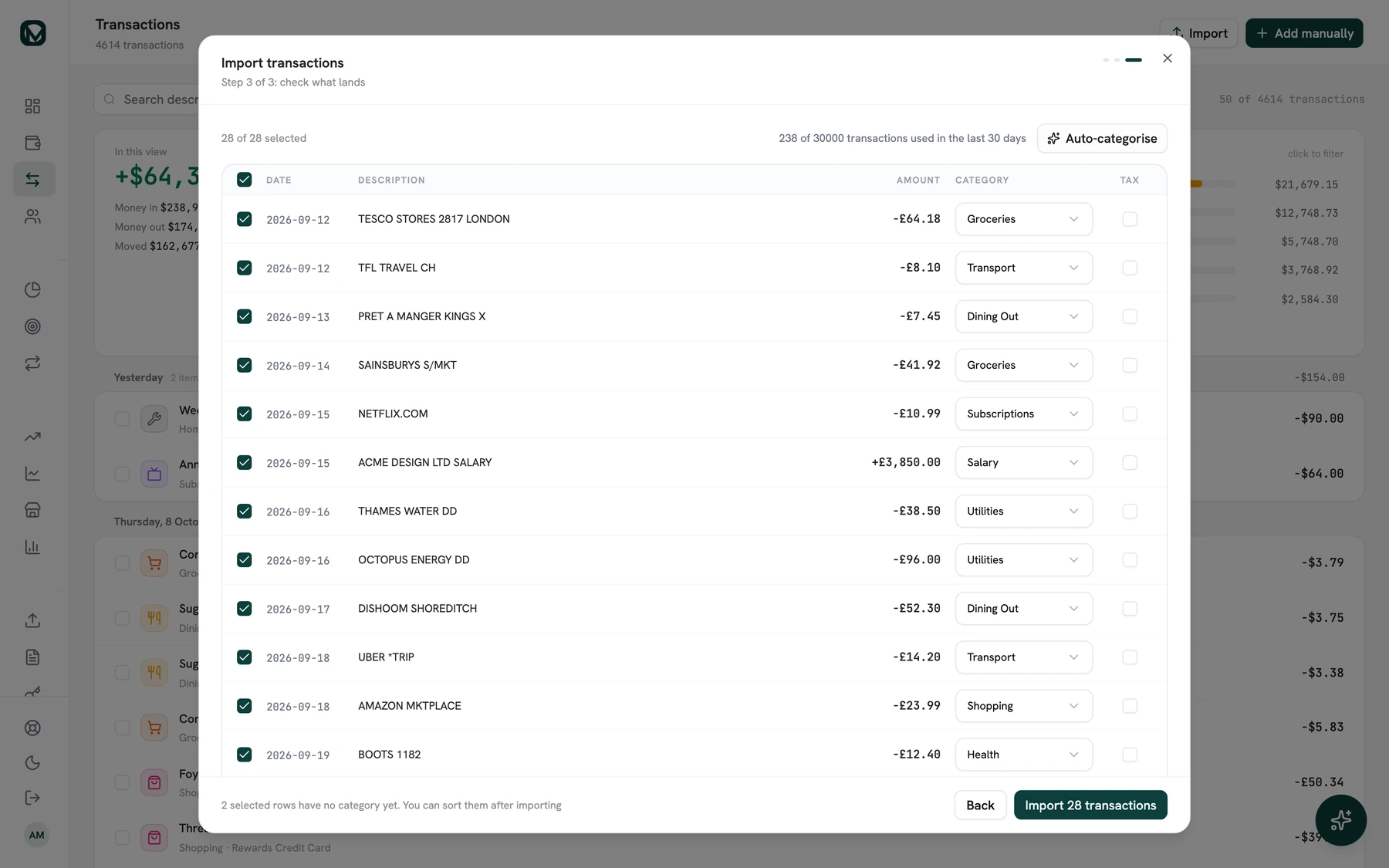 The import review in MintValt: nine rows from a UK bank statement, each with its amount in pounds and a category already chosen, groceries, transport, dining out, subscriptions, salary and utilities.