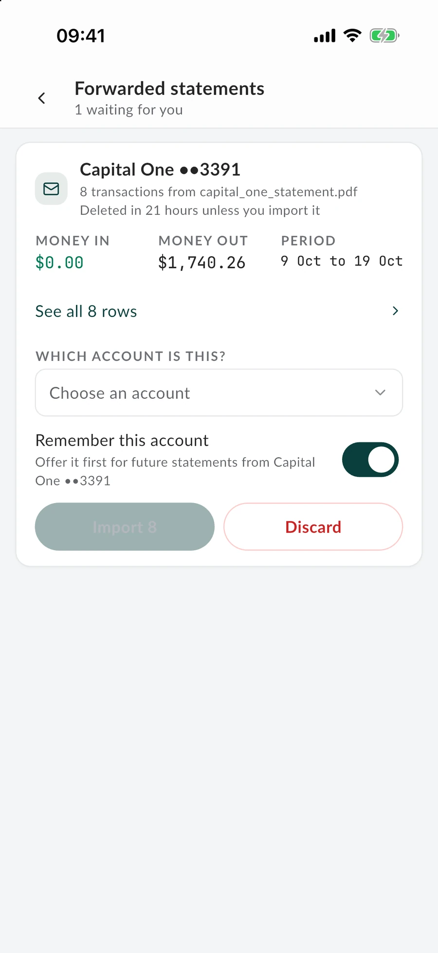 A forwarded statement waiting in the MintValt app, with its total, its dates and a choice of account.