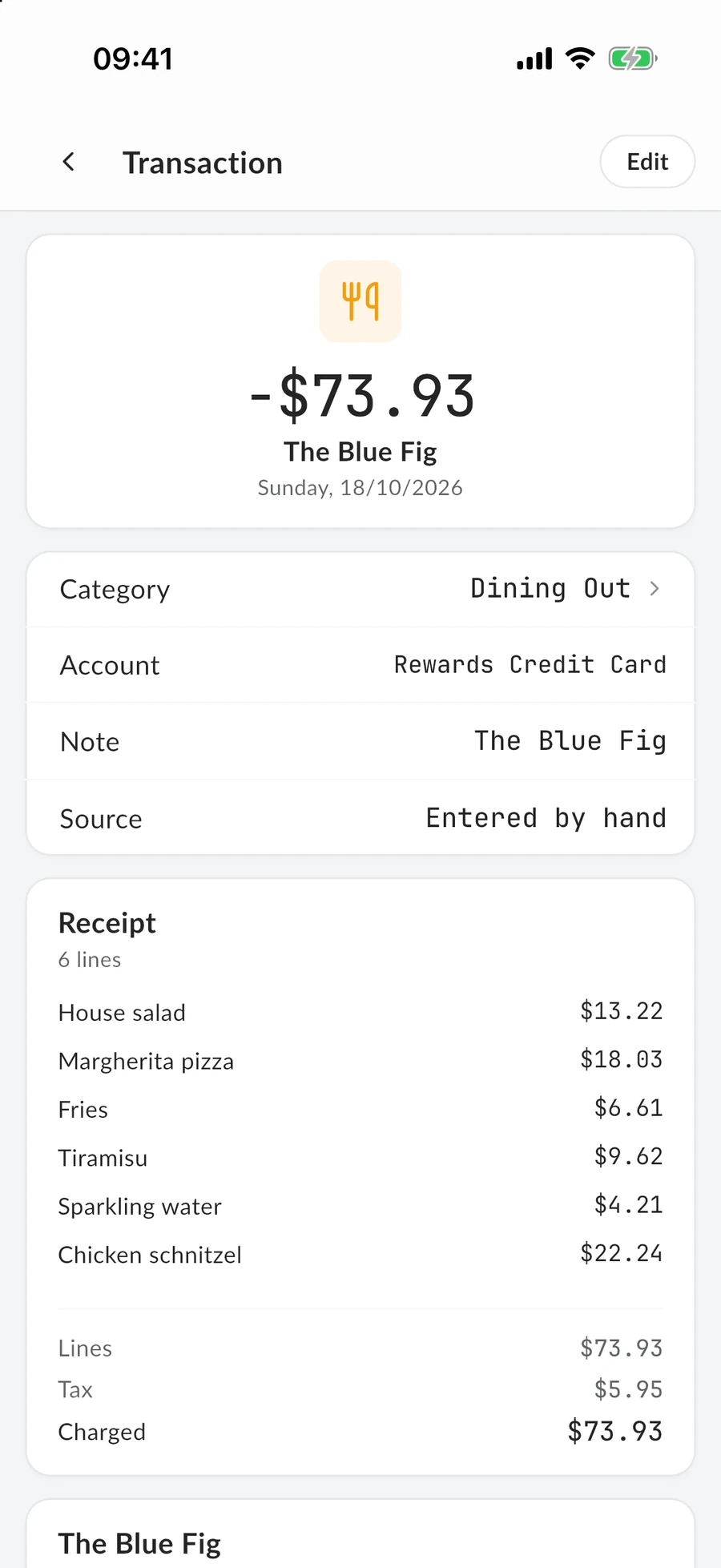 A restaurant transaction in the MintValt app, with its category, account and the merchant over time.