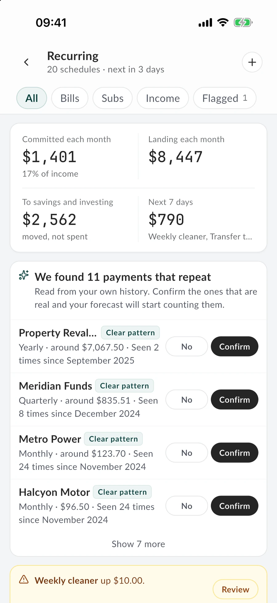 Recurring payments in the MintValt app, filtered into bills, subscriptions and income, each with when it is next due.