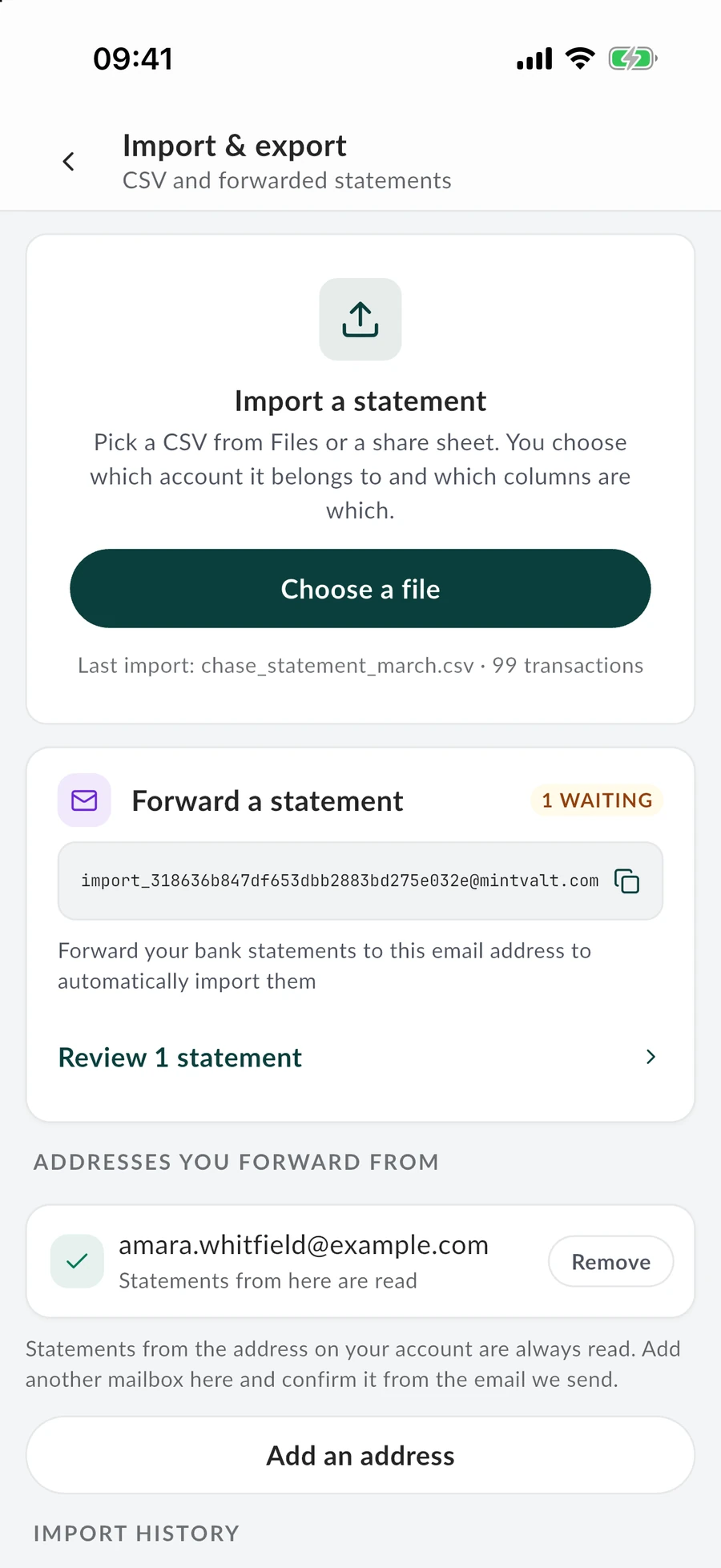 Import and export in the MintValt app: import a statement, forward one by email, and the history of past imports.