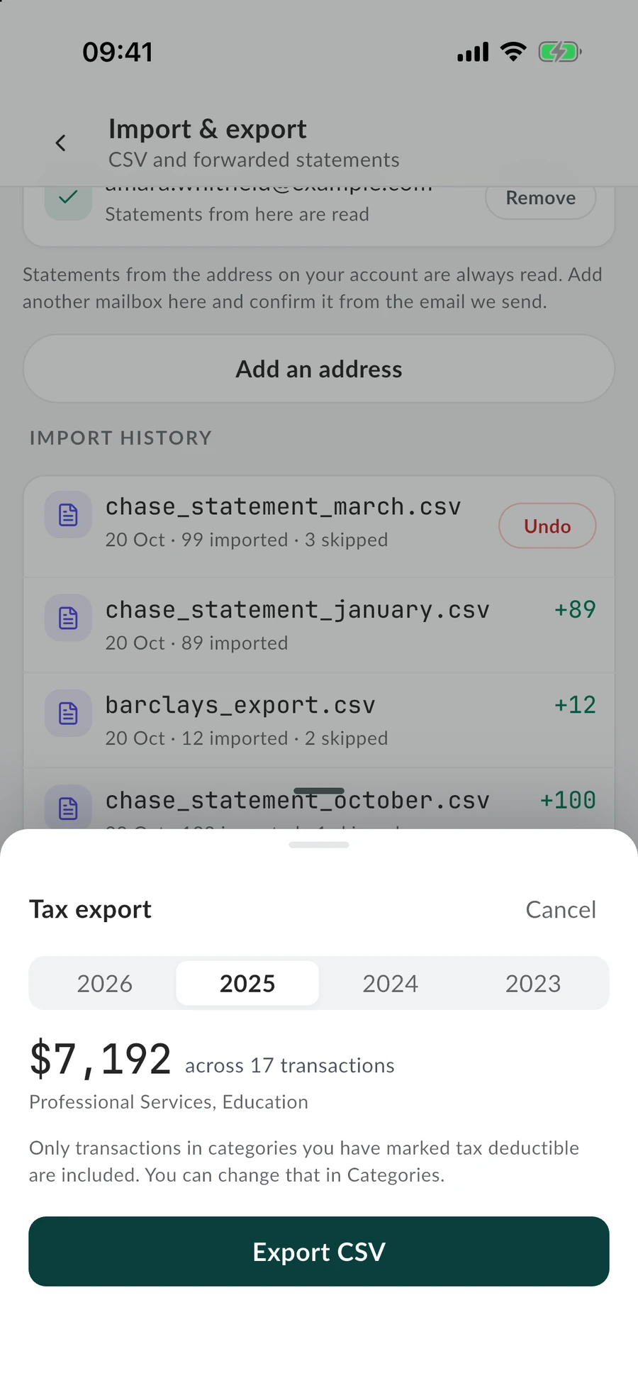 The tax export in the MintValt app: pick a year, see what is deductible in it, and export a CSV.