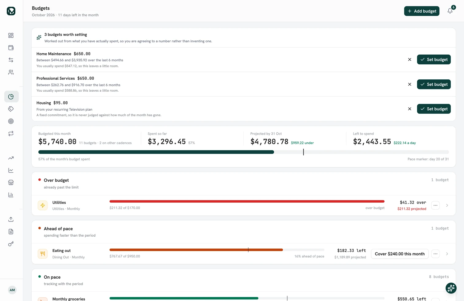 Budgets in MintValt on the web: budgets it suggests from your spending, the month so far against its pace, and every budget with what is left.