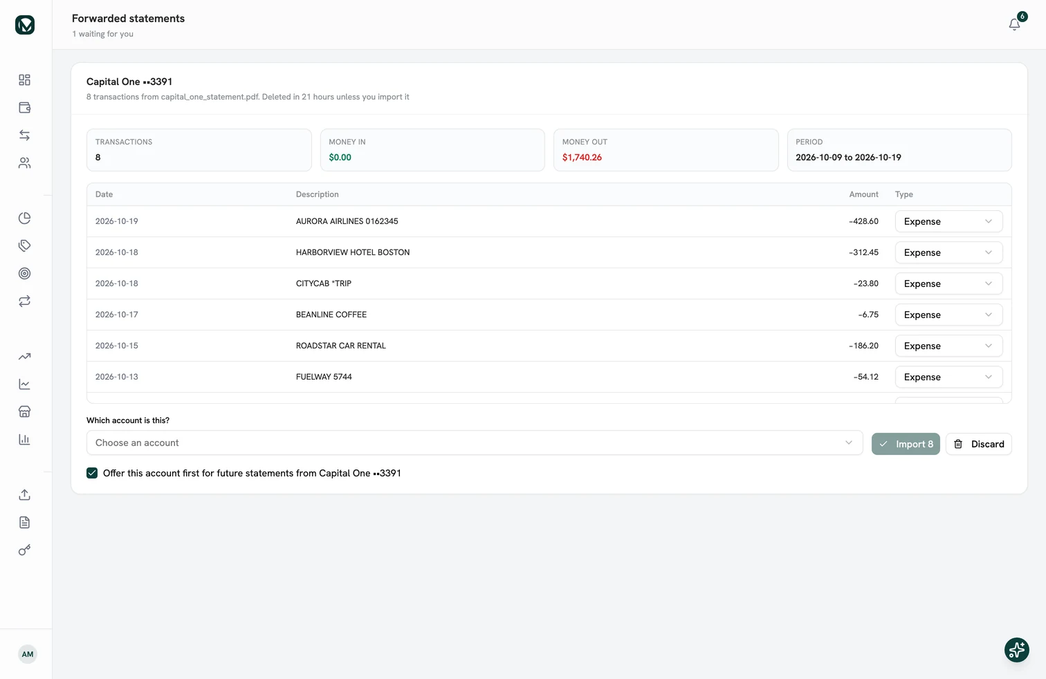 A forwarded card statement waiting in MintValt on the web: eight transactions read from the PDF, each with its type, and a choice of account.