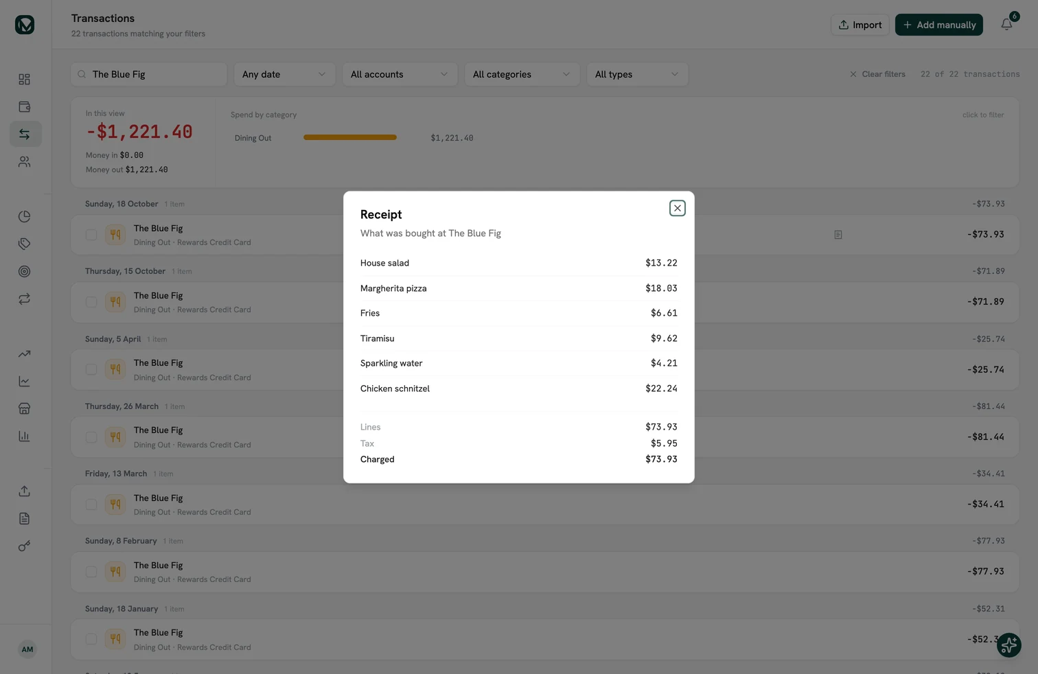 A receipt opened on a transaction in MintValt on the web: six lines from a restaurant, tax, and the amount charged.
