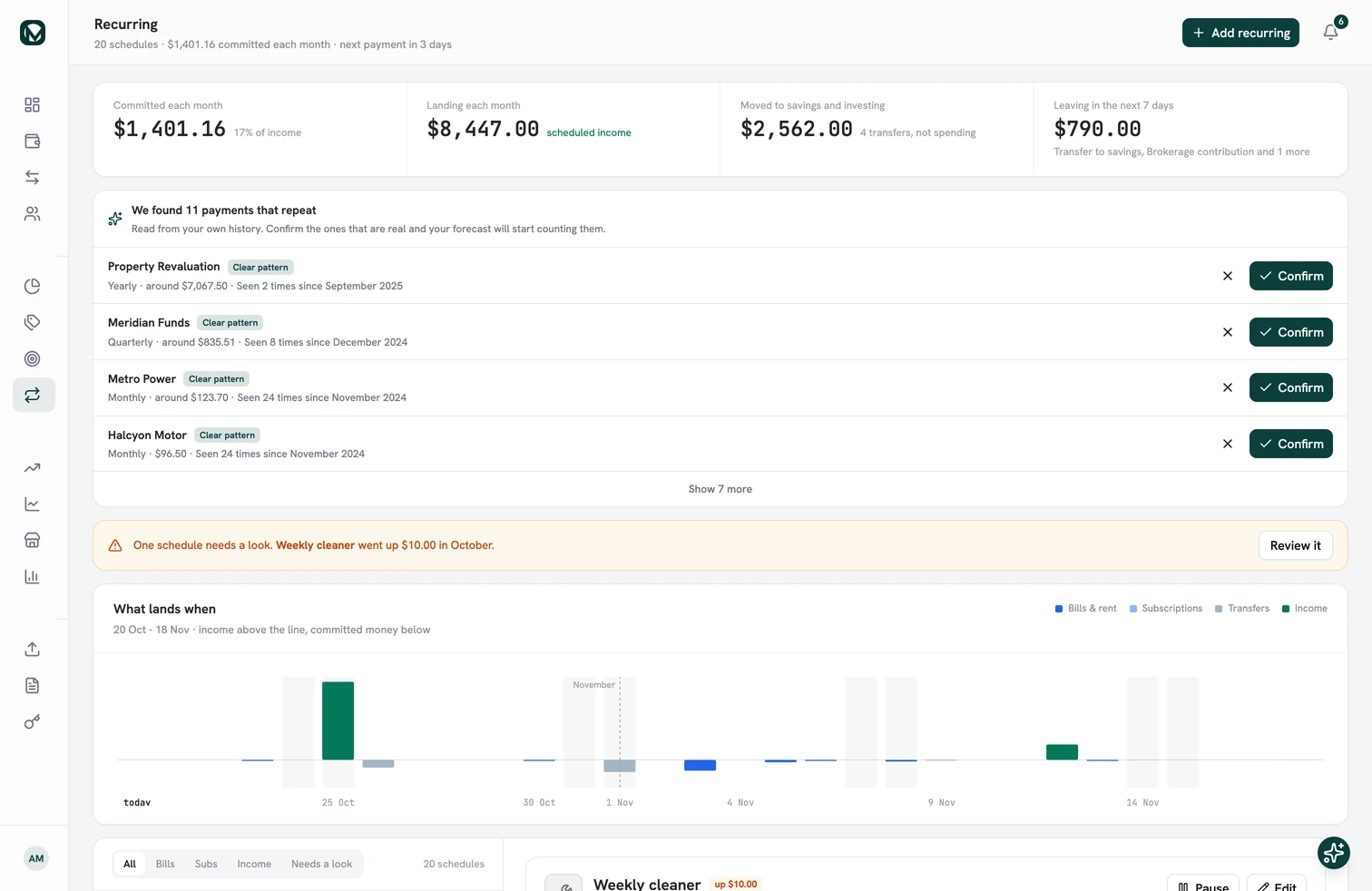 Recurring payments in MintValt on the web: what is committed each month, payments it found in your history to confirm, and what lands when.