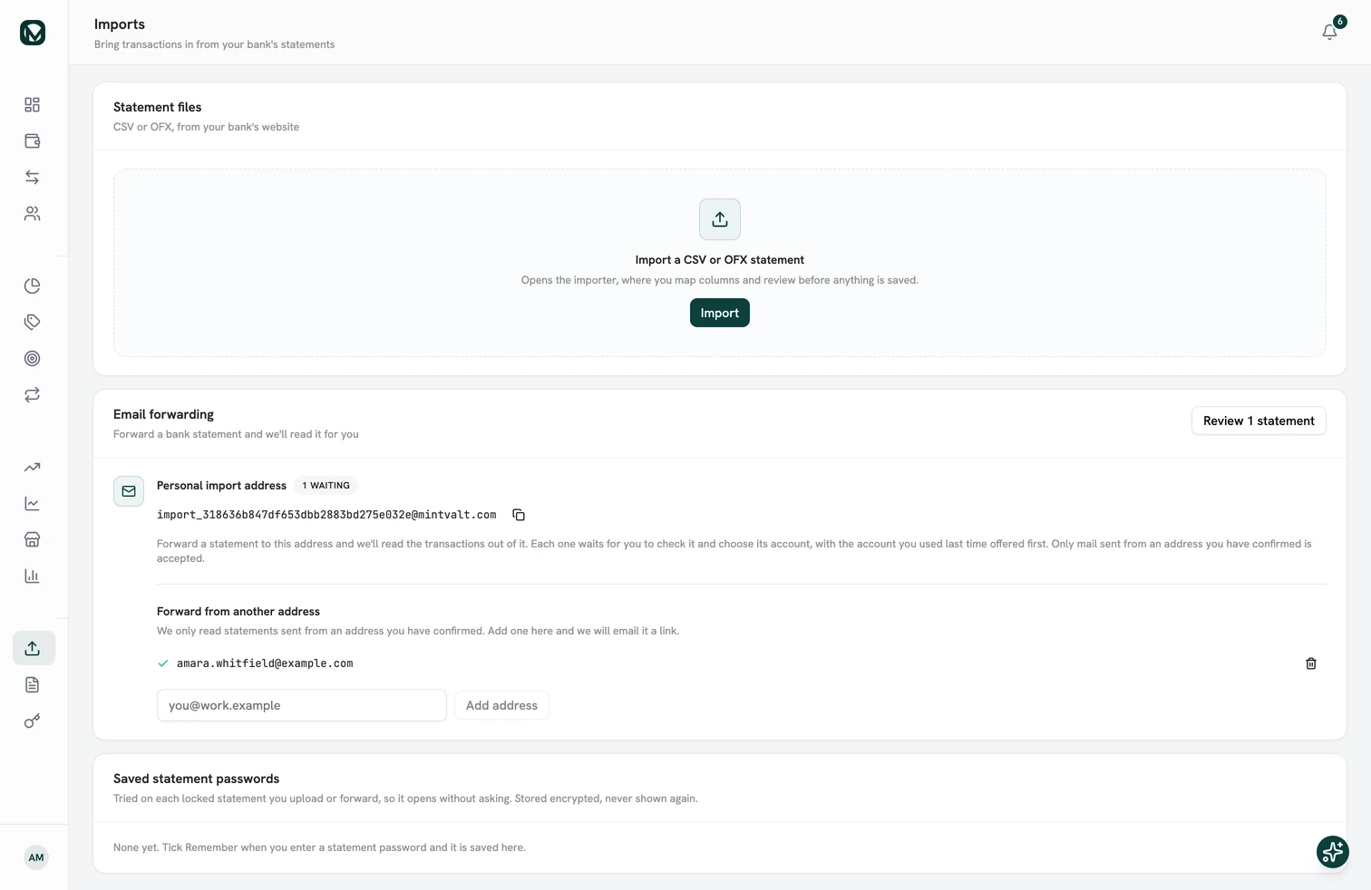 The imports page in MintValt on the web: drop a CSV or OFX statement, or forward one to your own import address.